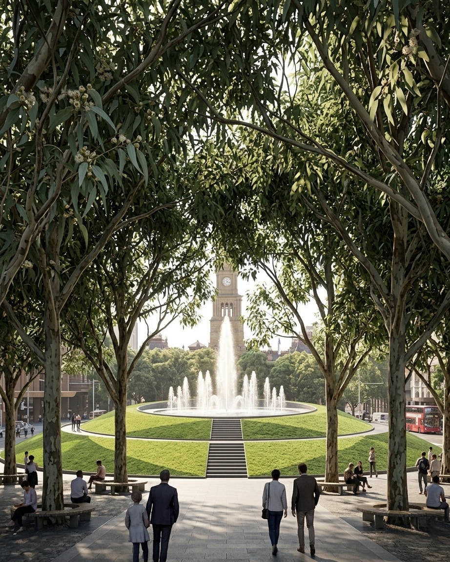 Town Hall Plaza - view of central fountain and finnial viewed through the canopy