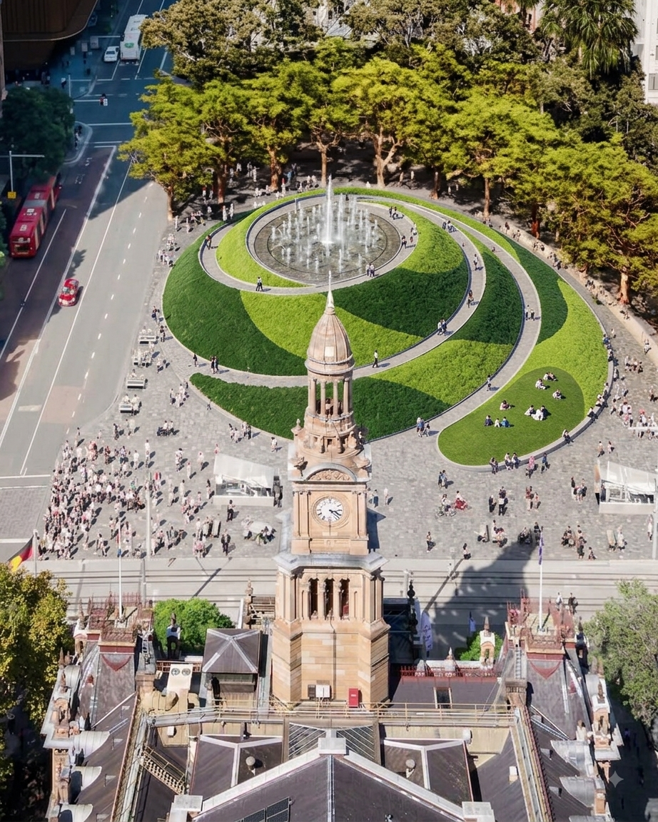 Town Hall Plaza - grassy knoll from above