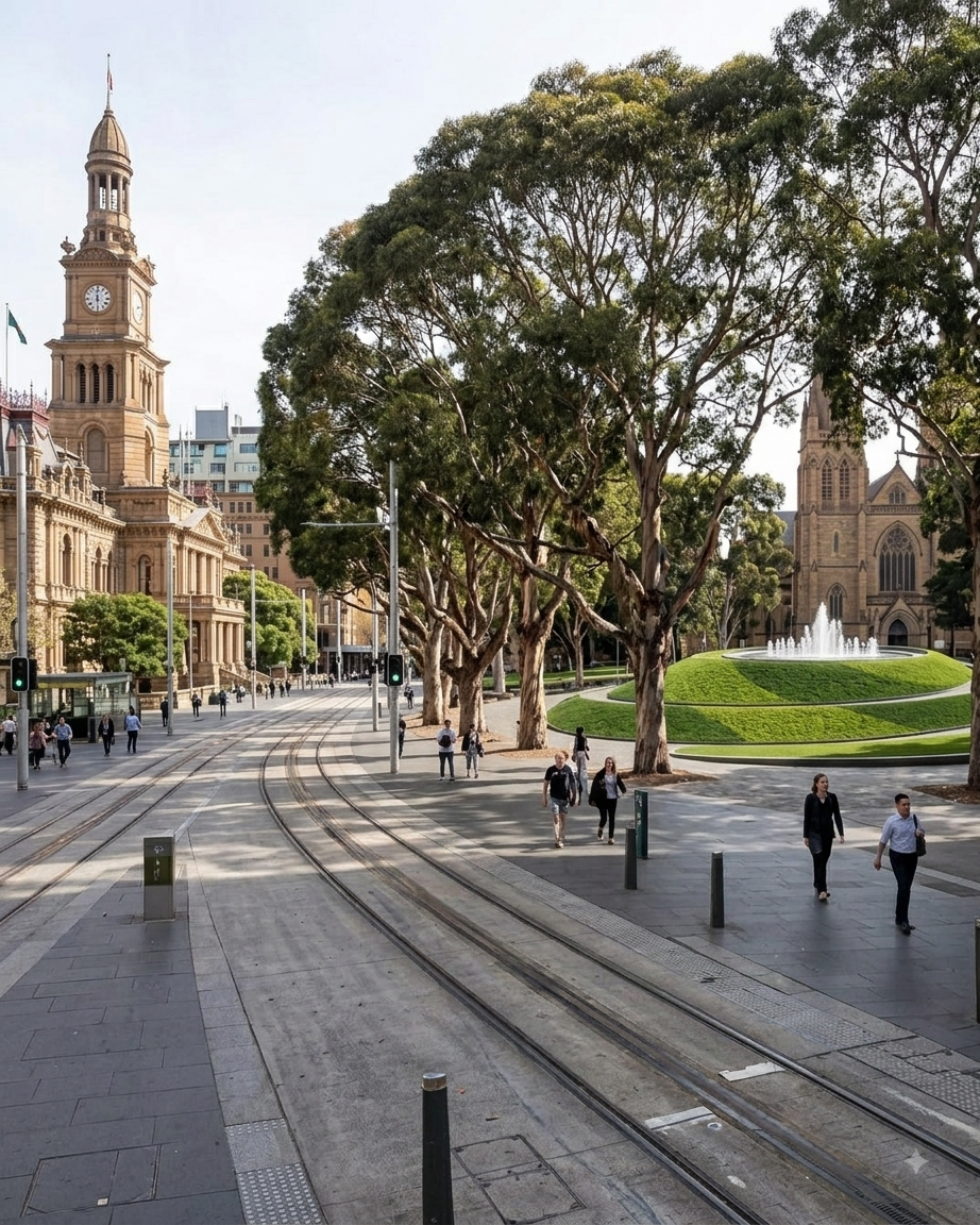 Town Hall Plaza - tree canopy adjacent to the light rail line